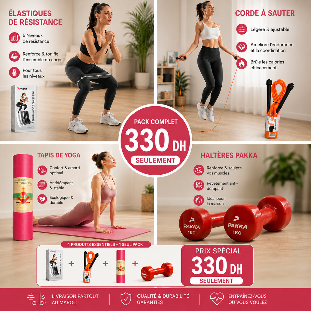 PACK FITNESS COMPLET:Tapis + Élastiques + Corde + haltères