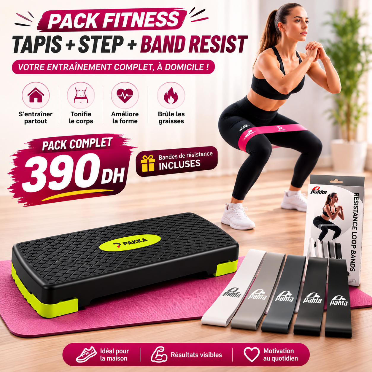 Pack Fitness Complet – Tapis + Step + Bandes de Résistance