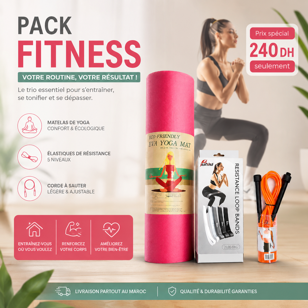 Pack Yoga & Fitness Premium – Tapis + Élastiques + Corde à Sauter