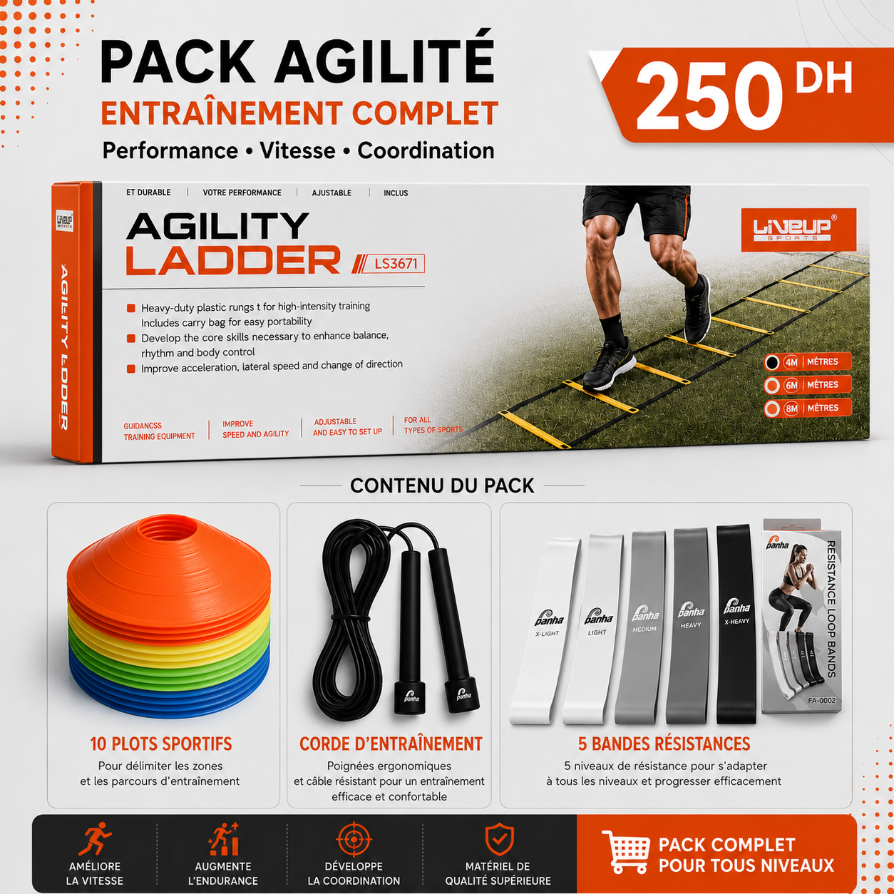 Pack Entraînement Complet - Échelle 4 mètres+ Corde + 10 Plots + 5 Bandes