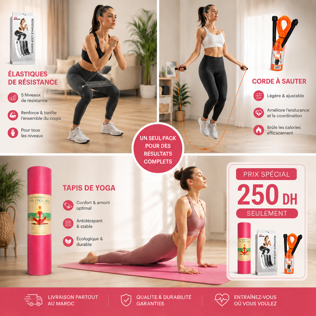 Pack Yoga & Fitness Premium – Tapis + Élastiques + Corde à Sauter