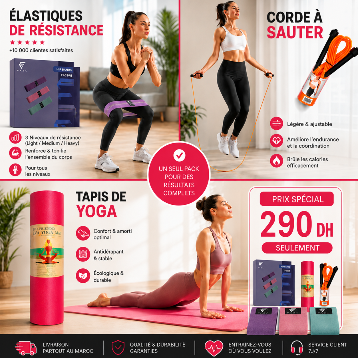 Pack Fitness– Tapis de Yoga, Corde & Bandes en Tissu | 290 DH