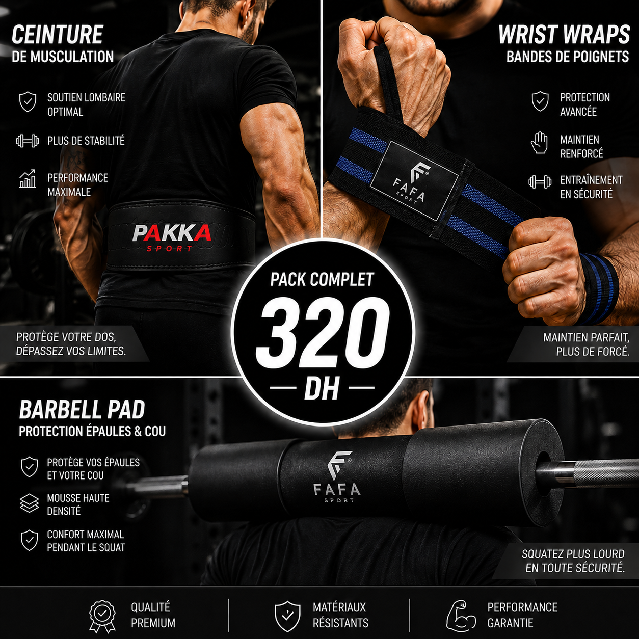Pack Musculation PRO – Ceinture + Wrist Wraps + Barbell Pad | 320 DH