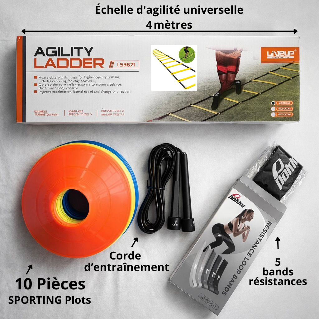 Pack Entraînement Complet - Échelle 4 mètres+ Corde + 10 Plots + 5 Bandes